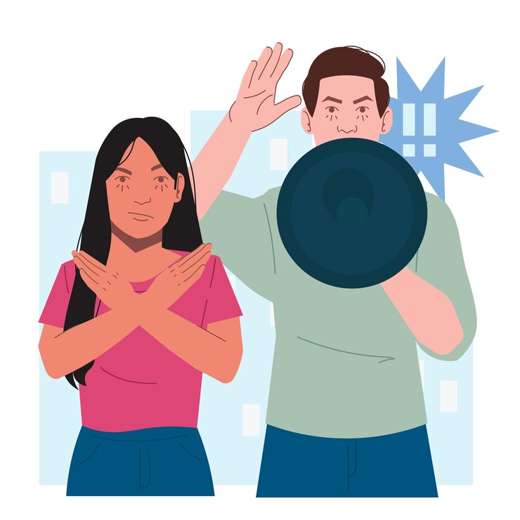 Vector hombre mujer grita protesta con megáfono en ilustración plana
