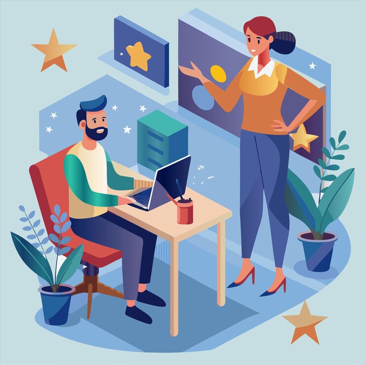 Vector un hombre y una mujer en una habitación con una computadora y una planta