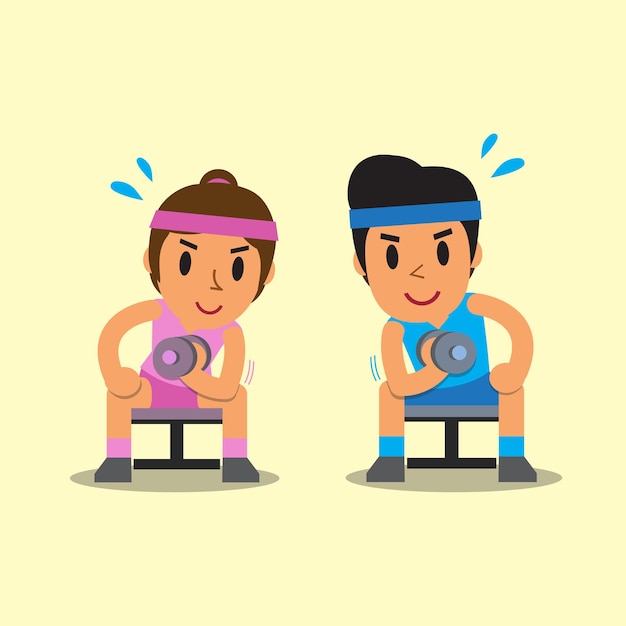 Hombre y mujer haciendo ejercicio de curl de concentración con mancuernas