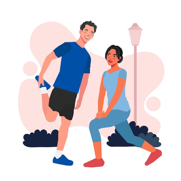 hombre mujer haciendo estiramientos antes de correr estilo de vida saludable en ilustración plana