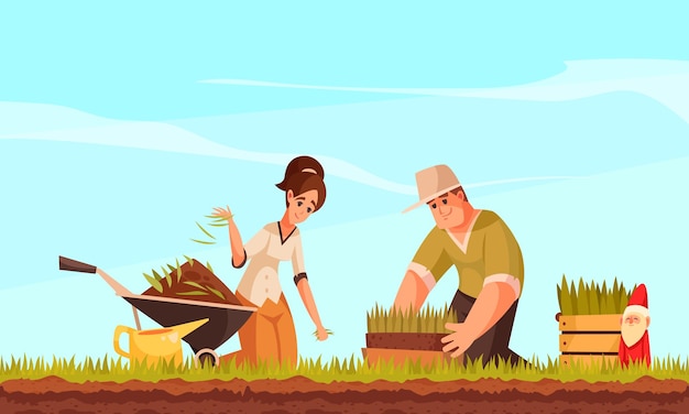 Hombre y mujer haciendo jardinería plantar césped verde con carretilla regadera gnomo y cielo azul en la ilustración de dibujos animados de fondo