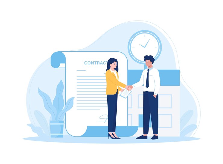 Vector hombre y mujer haciendo negocios, trabajando en equipo. ilustración plana del concepto de tendencia.