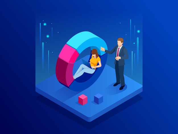 Hombre y mujer isométricos interactuando con gráficos y analizando estadísticas y datos. Círculo de elementos gráficos de negocios. Ilustración de vector de proceso de negocio.