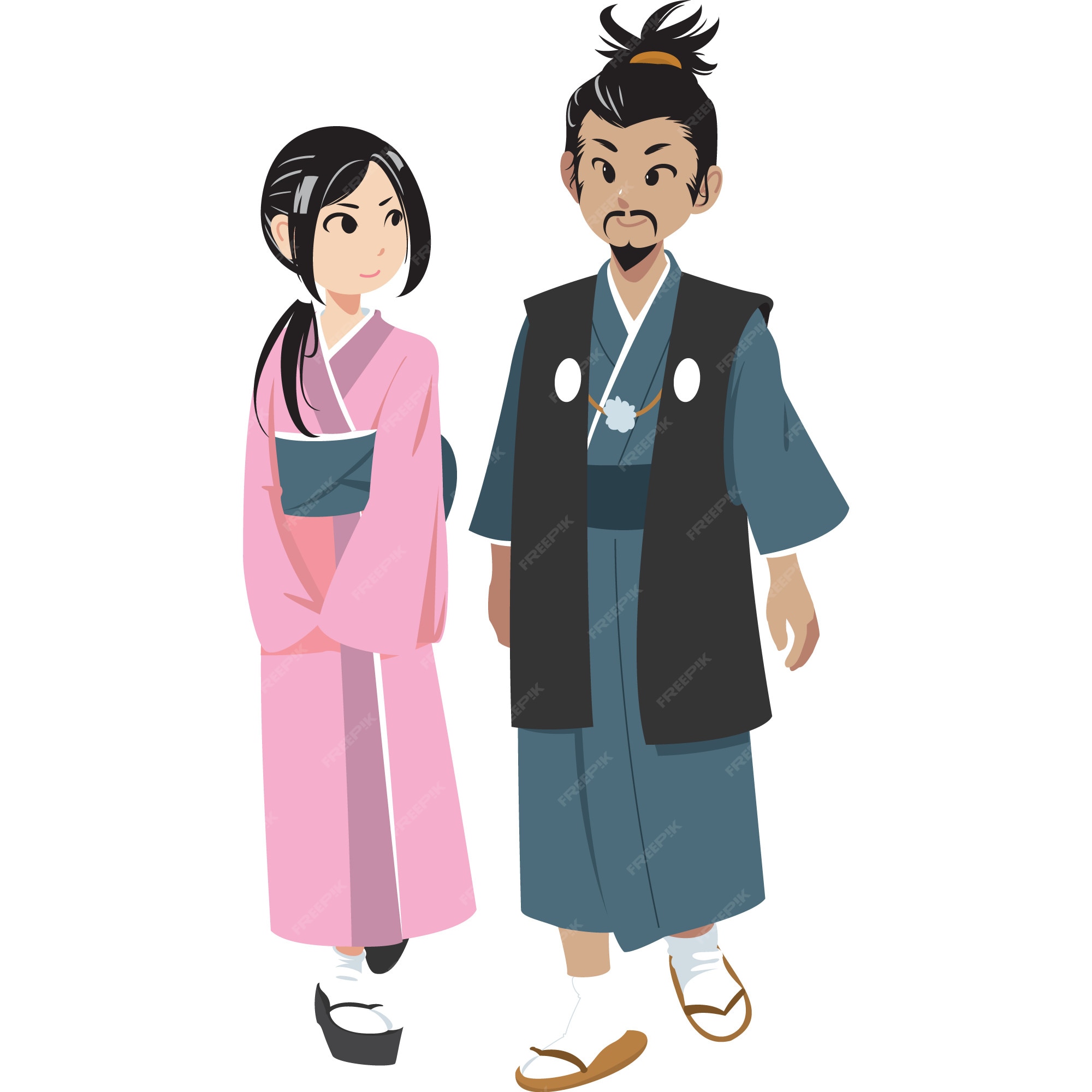 Hombre y mujer japoneses en la ropa tradicional aislada sobre fondo blanco.  | Vector Premium