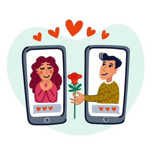 Vector hombre y mujer joven en busca de amor con una aplicación de teléfono móvil