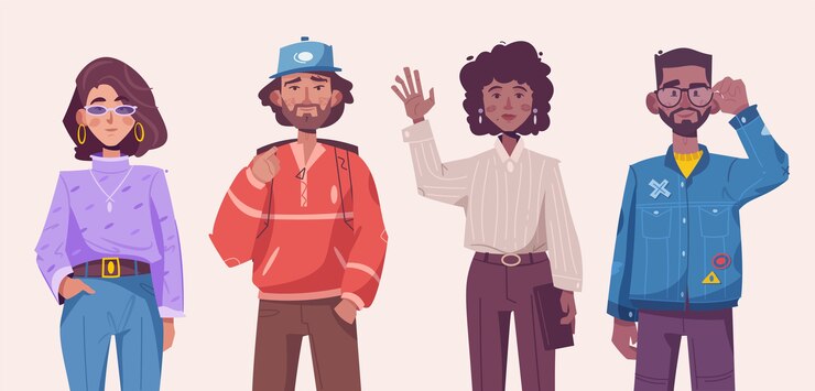 Hombre y mujer joven inconformista con trajes de moda de pie juntos. Ilustración de personaje de vector de pareja moderna vestida con ropa casual personas aisladas