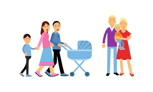 Hombre y mujer jóvenes caminando con sus hijos Conjunto de ilustraciones vectoriales