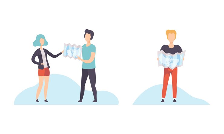Vector hombre y mujer jóvenes con un conjunto de vectores de viaje de planificación de mapas