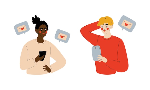 Hombre y mujer jóvenes enviando mensajes en la aplicación de citas en línea en el conjunto vectorial de teléfonos inteligentes
