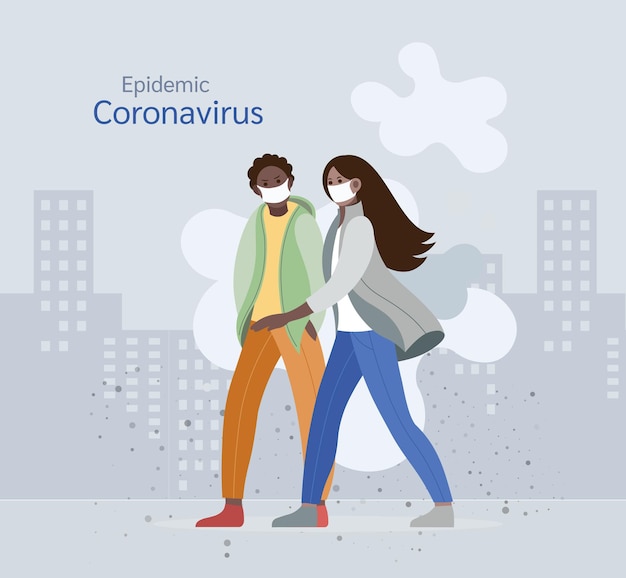 Hombre y mujer jóvenes con máscaras protectoras contra la ilustración del vector del virus chino