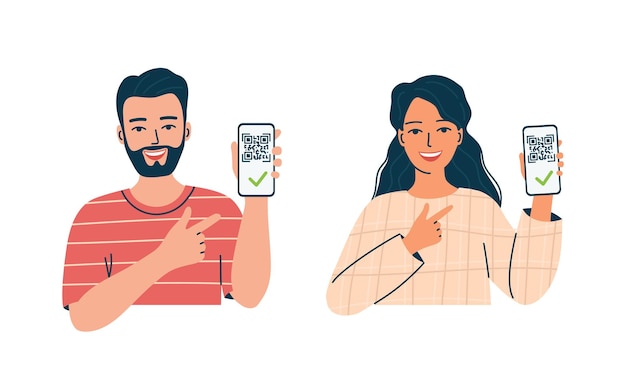 Un hombre y una mujer jóvenes muestran el código qr de la vacuna contra el coronavirus Covid-19 en la pantalla del teléfono.