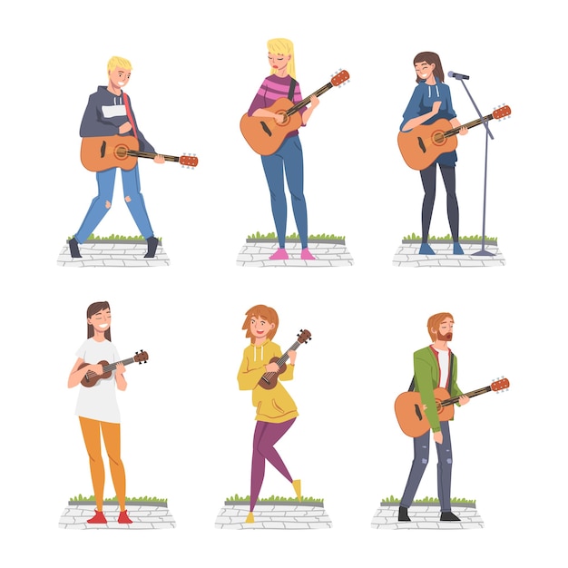 Hombre y mujer jóvenes músico guitarrista personaje tocando la guitarra y cantando realizando concierto callejero conjunto vectorial