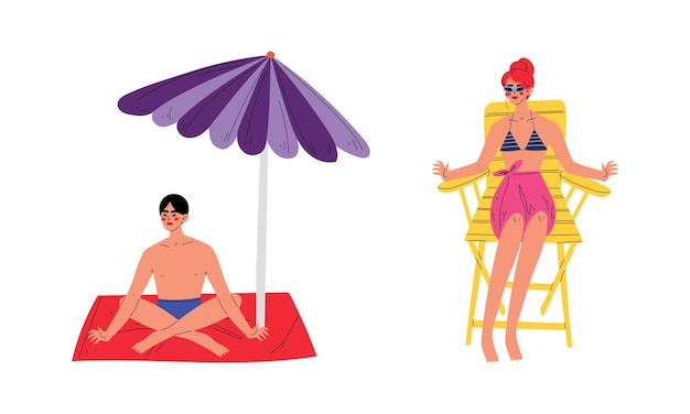 Hombre y mujer jóvenes en la orilla del mar tomando el sol disfrutando del set vectorial de verano caliente