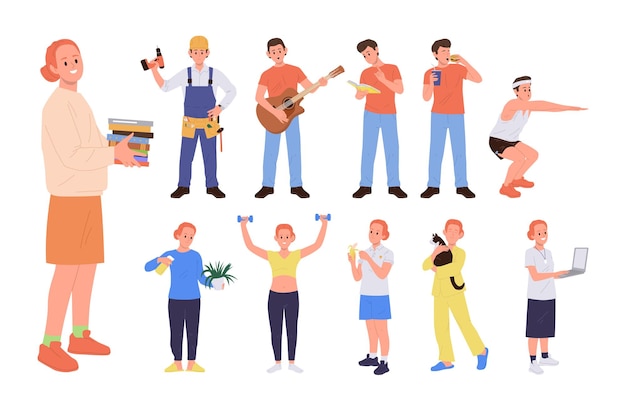 Hombre y mujer jóvenes personajes de dibujos animados aislados haciendo deporte disfrutando de una rutina de estilo de vida saludable