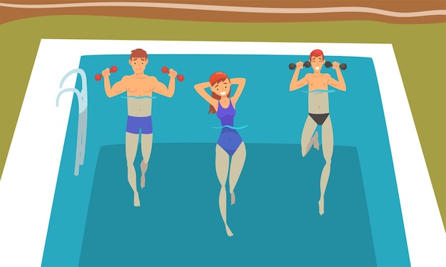 Hombre y mujer jóvenes con pesas en la piscina haciendo ejercicio físico Conjunto vectorial