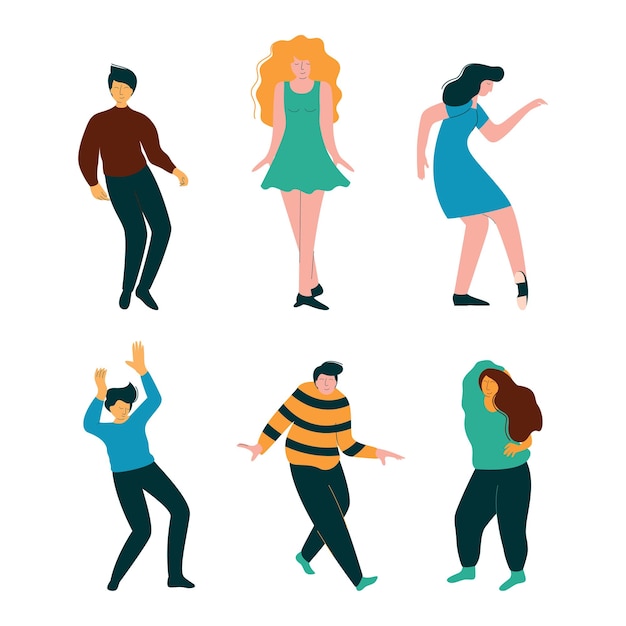 Hombre y mujer jóvenes positivos bailando moviendo manos y piernas al ritmo de la música