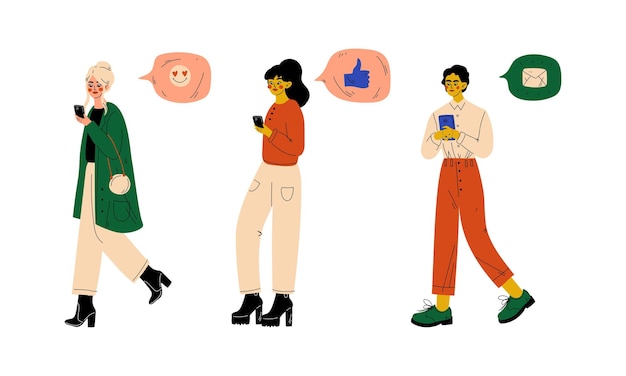 Hombre y mujer jóvenes con teléfonos inteligentes involucrados en redes sociales y redes en línea Conjunto de vectores de comunicación