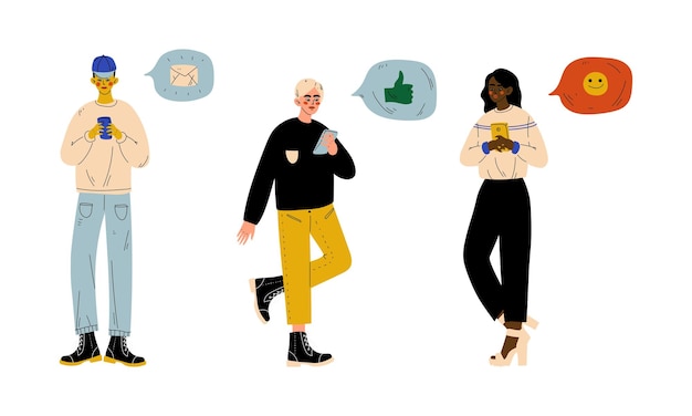 Hombre y mujer jóvenes con teléfonos inteligentes involucrados en redes sociales y redes en línea Conjunto de vectores de comunicación