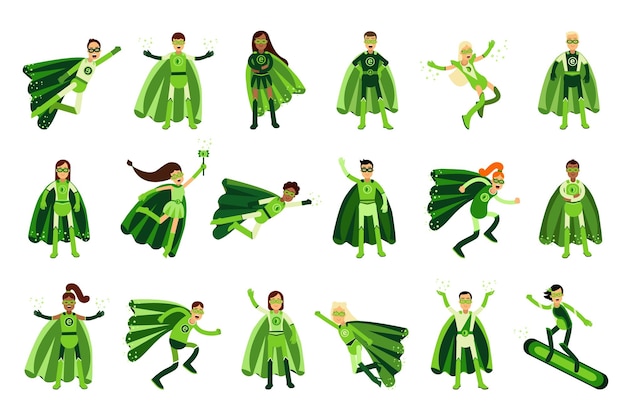 Hombre y mujer jóvenes con trajes de superhéroes ecológicos verdes de pie y corriendo hacia el rescate
