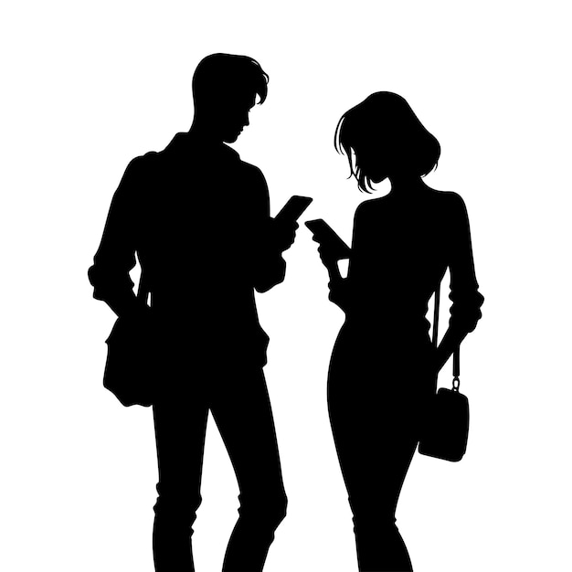Hombre y mujer jóvenes usando una silueta de teléfono inteligente Ilustración vectorial