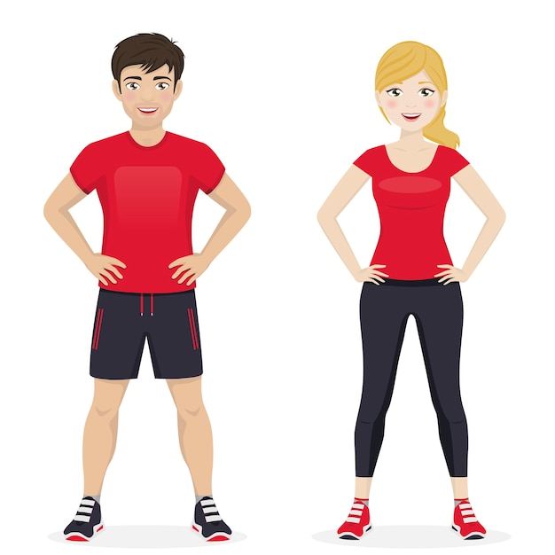 Hombre y mujer jugando al deporte con ropa deportiva roja