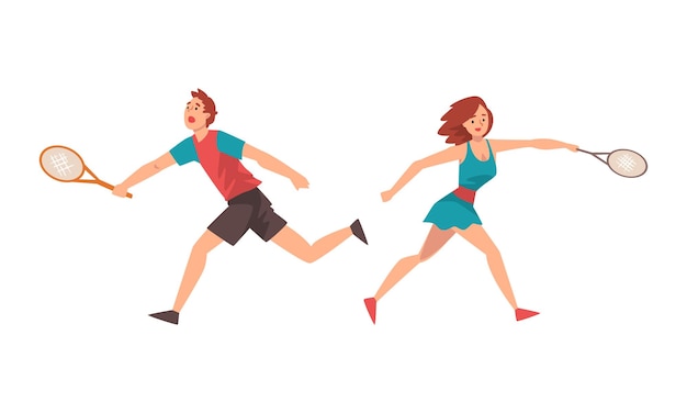 Hombre y mujer jugando al tenis como deporte de raqueta en el conjunto vectorial de la cancha
