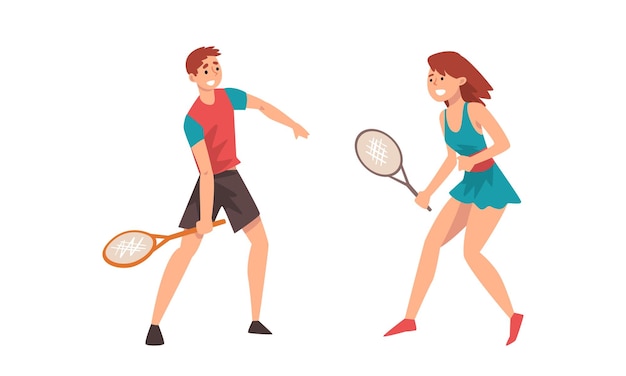 Hombre y mujer jugando al tenis como deporte de raqueta en el conjunto vectorial de la cancha