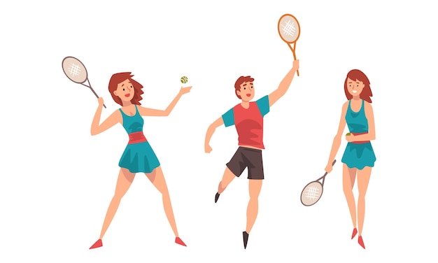 Hombre y mujer jugando al tenis como deporte de raqueta en el conjunto vectorial de la cancha