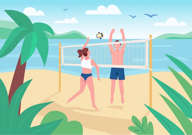 Hombre y mujer jugando ilustración de color plano de voleibol de playa