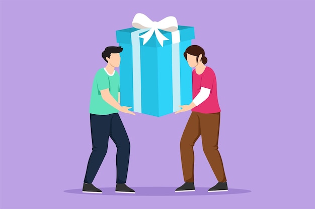 Vector un hombre y una mujer llevan una enorme caja de regalos, una gran bonificación u oferta especial para el mejor empleado, un regalo de cumpleaños de la oficina, una ilustración vectorial de diseño gráfico.