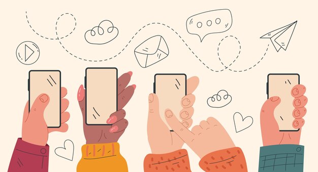 Hombre mujer manos brazos sosteniendo teléfono con ilustración de elemento plano de diseño de pantalla vacía