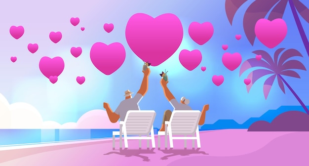 Vector hombre mujer mayor bebiendo cócteles en la playa tropical con corazones de amor rosa pareja de ancianos celebrando el día de san valentín horizontal