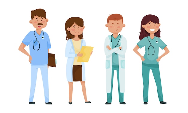 Vector un hombre y una mujer médicos sonrientes con uniforme médico set de ilustraciones vectoriales