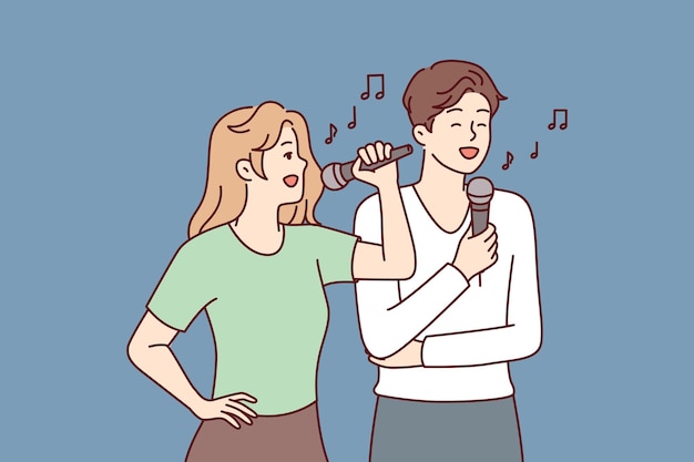 Hombre y mujer con micrófonos interpretan canciones mientras disfrutan de un descanso de karaoke en el día libre imagen vectorial