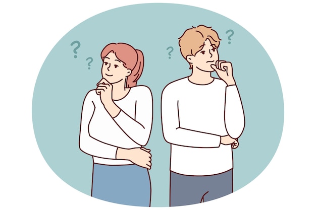 Hombre y mujer miran en direcciones diferentes y se rascan la barbilla pensando idea imagen vectorial