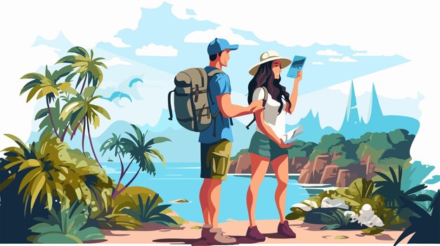 un hombre y una mujer mirando un mapa con una mochila en él