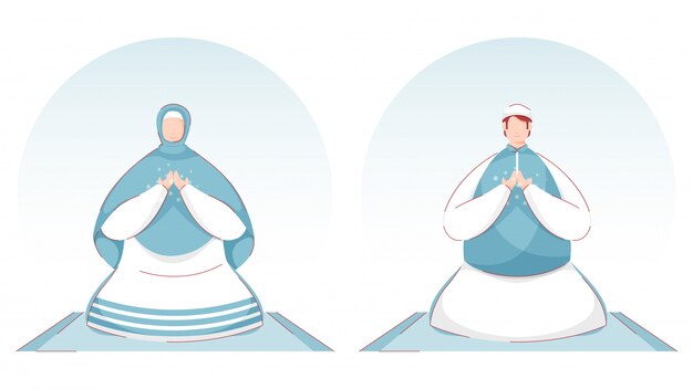 Vector hombre y mujer musulmanes sin rostro que ofrecen a namaz sobre alfombra azul.