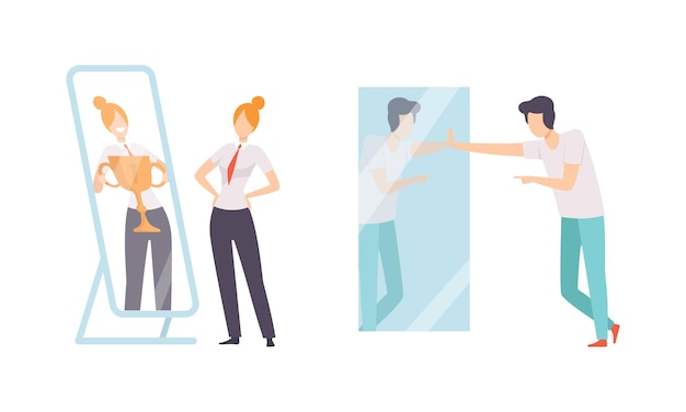 Hombre y mujer narcisistas que se miran en el espejo y se admiran a sí mismos Conjunto vectorial