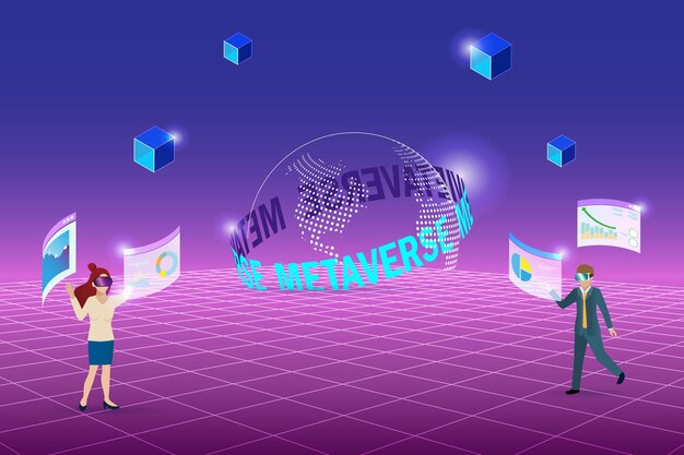 Hombre y mujer de negocios analizando la realidad virtual de la interfaz de gráfico de metaverso