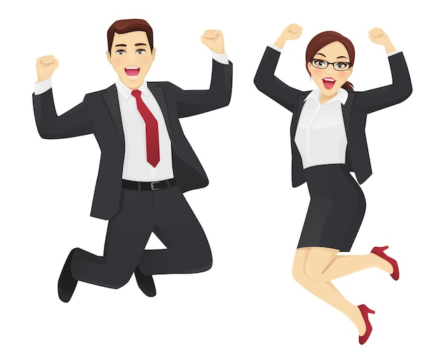 Hombre y mujer de negocios felices saltando con las manos en alto ilustración vectorial