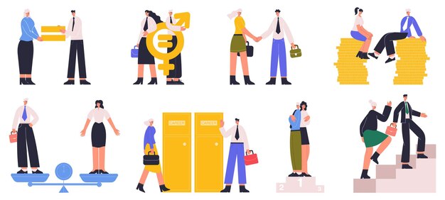 Hombre y mujer de negocios igualdad de género, igualdad de oportunidades profesionales. Trabajar la igualdad de género, conjunto de ilustraciones vectoriales de igualdad de derechos masculinos y femeninos. Igualdad de género en la sociedad. Concepto de igualdad de género empresarial