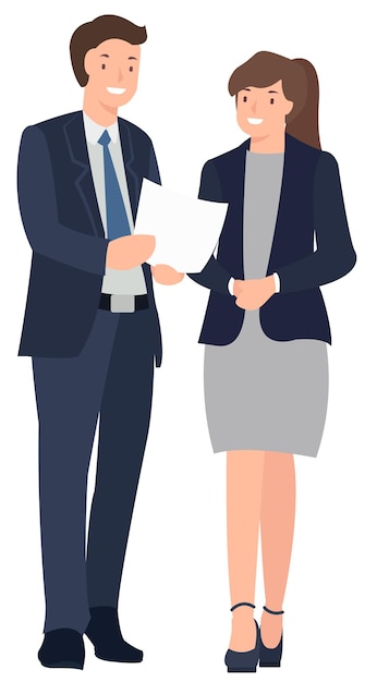 hombre y mujer de negocios de pie hablando alegremente