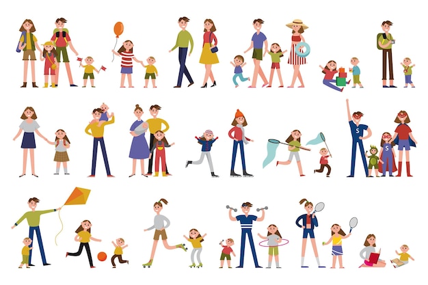 Hombre y mujer padres que pasan tiempo juntos con sus hijos Conjunto de ilustraciones vectoriales