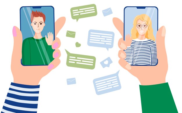 Un hombre y una mujer en las pantallas de los teléfonos inteligentes. Chatea con amigos, videollamada. Manos sosteniendo teléfonos inteligentes con gente charlando entre sí. Ilustración de vector sobre fondo blanco.