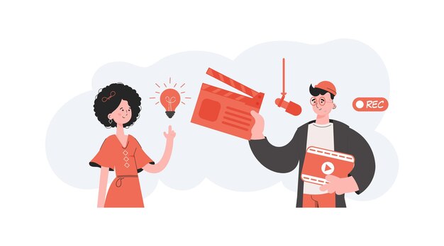 Un hombre y una mujer se paran hasta la cintura y sostienen una claqueta de cine y una pantalla de cine Elemento de blogueo para sitios de presentaciones