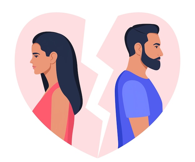 Vector el hombre y la mujer se paran de espaldas el uno al otro con el corazón roto en el fondo concepto de divorcio