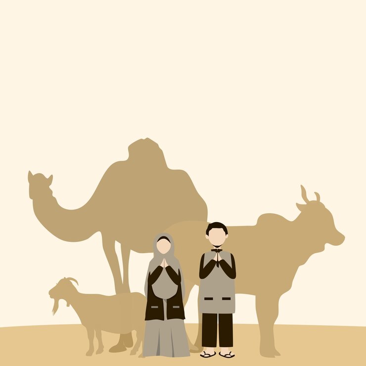 Vector un hombre y una mujer se paran frente a una manada de animales afiche de temática islámica para eid al adha