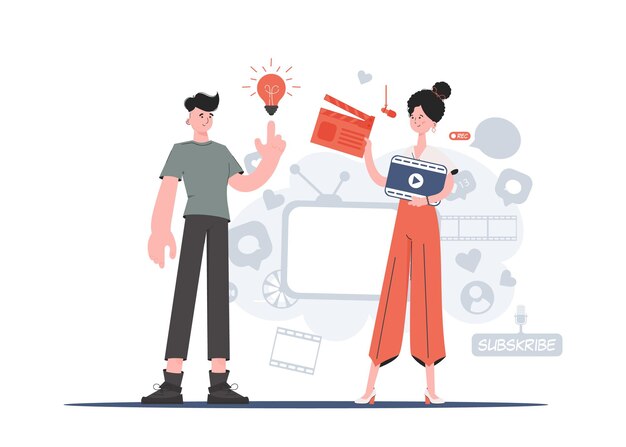 Un hombre y una mujer se paran en toda su altura y sostienen una claqueta de cine y una bombilla Elemento de blogs para sitios de presentaciones