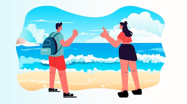Hombre mujer pareja de pie juntos en la playa tropical tiempo de vacaciones de verano para viajar concepto horizontal