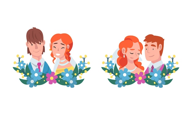 Hombre y mujer pareja de recién casados y cónyuge con conjunto vectorial de composición floral semicircular